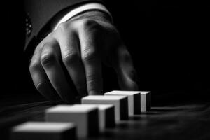 A close-up of a man's hand poised to topple a row of white dominoes on a dark surface photo