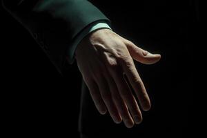 Elegant hand reaching out in dim light, symbolizing connection and opportunity photo
