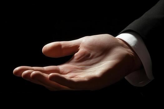 Elegant hand extended in greeting or offering, set against a dark background for emphasis photo