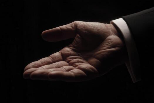 Elegant hand gesture against a dark background, symbolizing invitation and connection photo