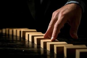 A focused hand gently pushes a wooden block in a row, creating a dynamic scene of balance photo