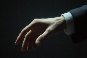 Elegant hand reaching out in a professional setting, illuminated against a dark background photo