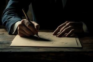 Elegant hands writing a letter on aged paper, warm ambiance in a classic study photo