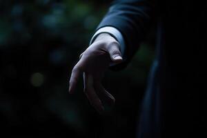 Elegant hand reaching out in a dimly lit environment, evoking mystery and intrigue photo