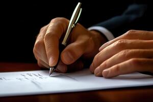 Close-up of a person's hands writing on a document with a pen, showcasing focus and intent photo