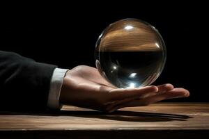 A hand delicately holds a crystal ball reflecting light, set against a dark background photo