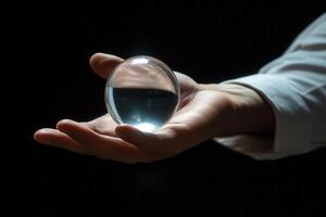 A hand delicately holds a crystal-clear glass orb, reflecting light against a dark backdrop photo