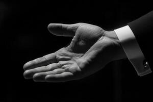 Elegant outstretched hand in a formal suit against a dark backdrop, symbolizing invitation photo