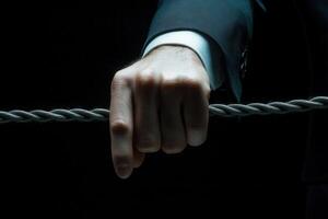 A determined businessman gripping a rope in a dark setting, symbolizing resilience and struggle photo