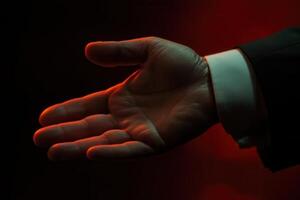Elegant hand gesture against a moody background, symbolizing invitation or connection photo