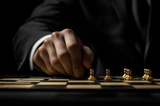 A focused individual in a suit strategically moves a golden pawn on a chessboard photo