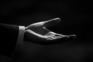 elegante negro y blanco mano gesto simbolizando ofrecimiento o asistencia en un dramático ligero foto