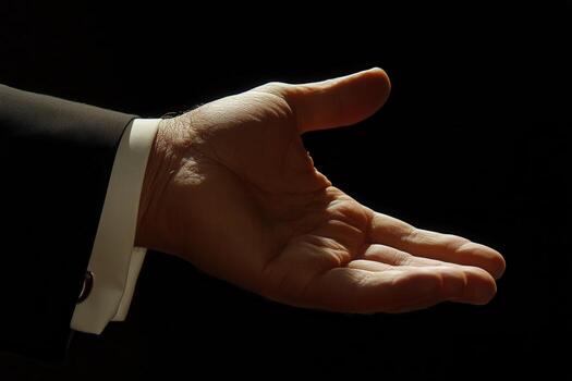 Elegant hand gesture extending in a dark setting, symbolizing invitation or offering photo