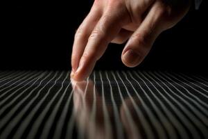 A close-up of a hand gently touching a reflective surface with linear patterns, creating ripples photo