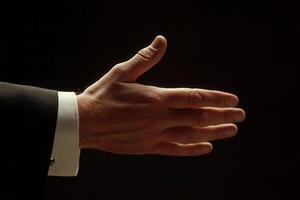 Elegant hand gesture in a formal setting, showcasing a welcoming pose against a dark background photo