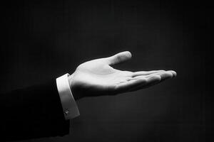 Elegant hand gesture in black and white, symbolizing invitation or offering, with a blurred background photo