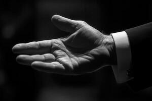 Elegant black and white image of an outstretched hand, symbolizing invitation or greeting photo