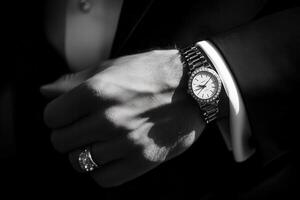 Elegant close-up of a groom's hand wearing a watch and ring, showcasing sophistication photo