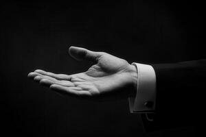 Elegant hand gesture in a dark setting, symbolizing invitation or offering photo