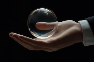 A hand elegantly holds a crystal-clear sphere reflecting light against a dark backdrop photo