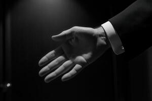 Elegant hand reaching out in a dimly lit room, symbolizing invitation or greeting photo