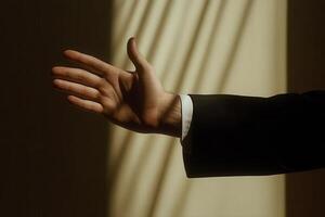 Elegant hand gesture in a dimly lit room, showcasing shadows and sophistication photo