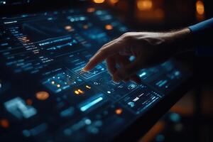 A close-up of a hand interacting with a futuristic touchscreen interface in a dimly lit room photo