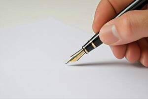 Elegant hand holding a fountain pen poised above a blank sheet of paper for writing photo