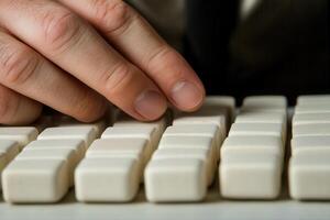 Close-up of a person's hand pressing keys on a white keyboard, focused on productivity photo