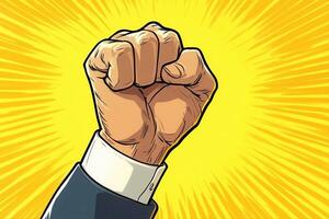 A determined fist raised in triumph against a vibrant yellow background symbolizing victory photo