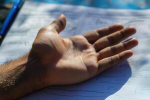 Close-up of an open hand resting on a notebook filled with notes under bright sunlight photo