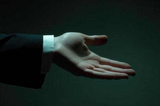 Elegant hand gesture in a dark setting, suggesting invitation or offering with subtle lighting photo
