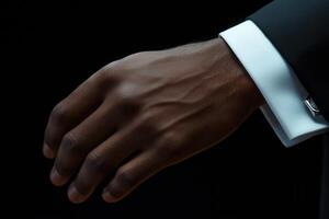 Elegant hand in a formal suit reaching out against a dark background, showcasing sophistication photo