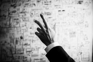 A business professional gestures thoughtfully while presenting ideas against a creative wall photo