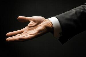 Elegant hand gesture in a formal suit against a dark background, inviting interaction photo