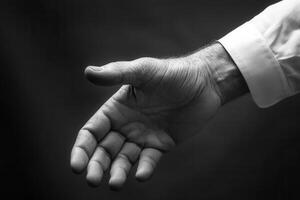 A close-up of an outstretched hand in black and white, symbolizing invitation and connection photo
