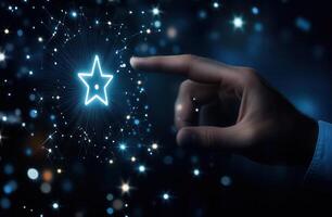 A human hand reaching out to touch a glowing star amidst a cosmic background of lights photo