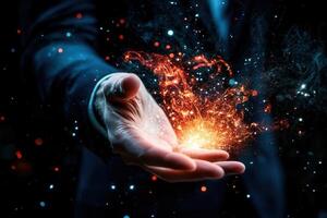 A businessman conjuring vibrant sparks of energy from his hand in a dark, mystical setting photo