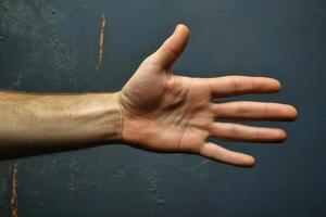 Close-up of a human hand with fingers extended against a textured blue background photo