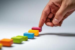Colorful wooden blocks being arranged by a hand on a smooth surface, showcasing creativity photo