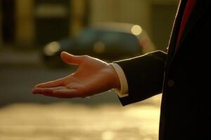 Elegant businessman extending hand in greeting on city street during golden hour photo