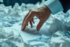 A business professional sifting through a pile of shredded documents in an office setting photo