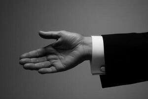 Elegant hand gesture in black and white, symbolizing invitation or agreement. Background subtle photo