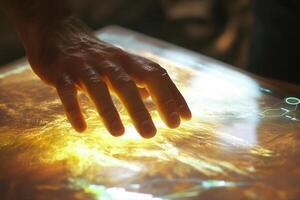 A human hand interacting with a glowing, interactive surface displaying vibrant textures photo