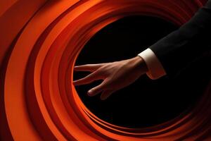 Elegant hand reaching towards vibrant orange paper layers, creating a striking visual effect photo