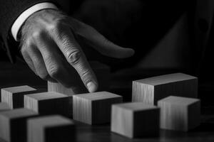 A focused hand arranging wooden blocks on a table, emphasizing precision in design photo
