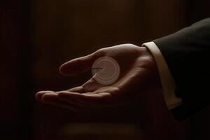 Elegant hand gesture with a coin, set against a blurred background, conveying anticipation photo