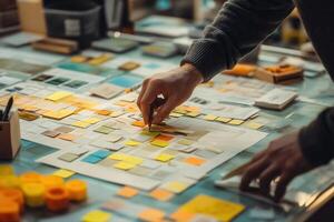 Creative workspace with a person arranging colorful sticky notes on a design project photo