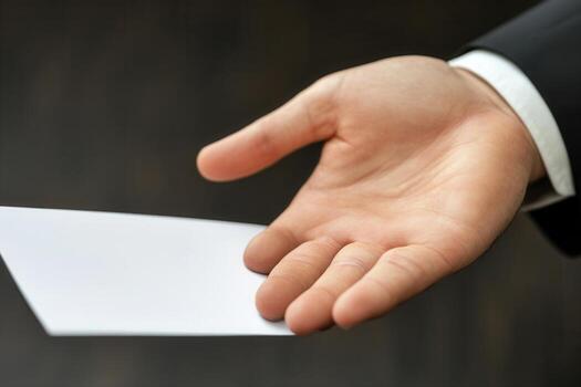 A business professional extending a hand with a blank document in a formal setting photo
