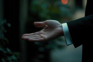Elegant hand gesture of a suited individual in a dimly lit urban environment photo